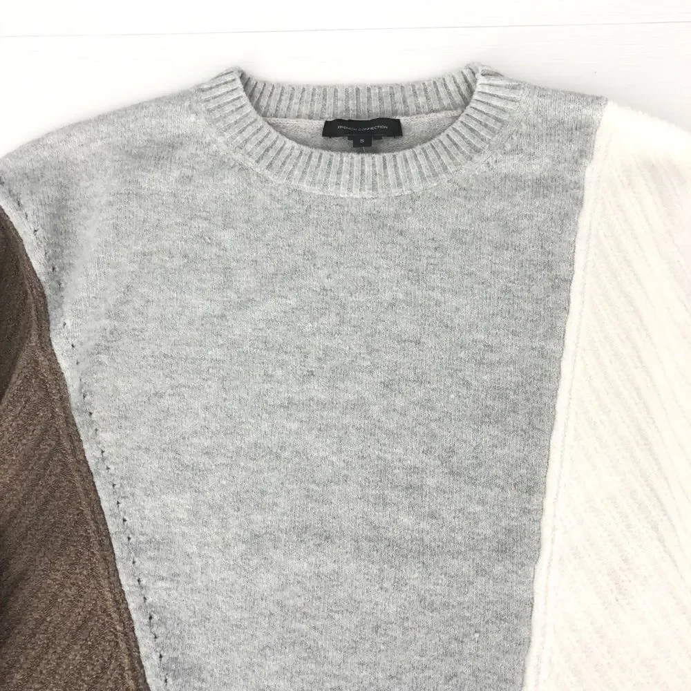 French Connection Oversized Wool Colorblock Sweater Crewneck in Ivory Grey Brown